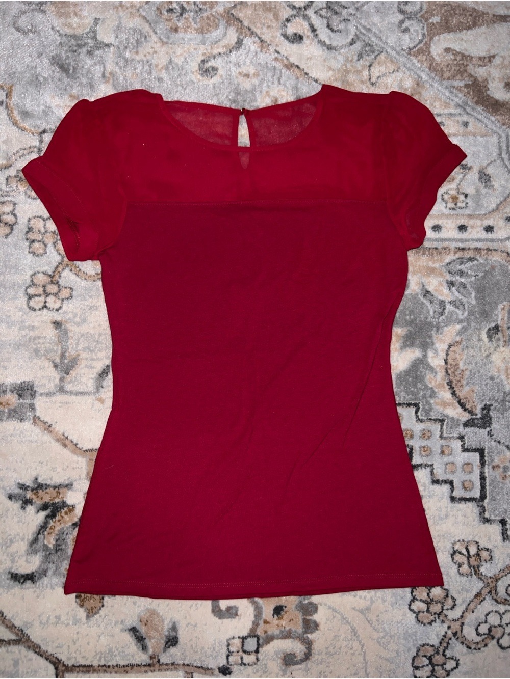 Express Red Short-Sleeve Mesh Yoke Top